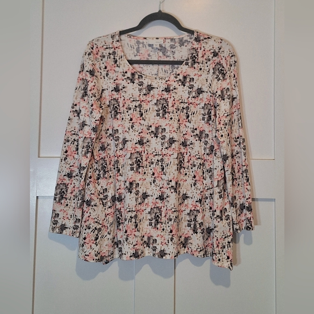 Pure Jill Abstract Watercolor Top Long Sleeve White Pink Gray Medium Petite MP